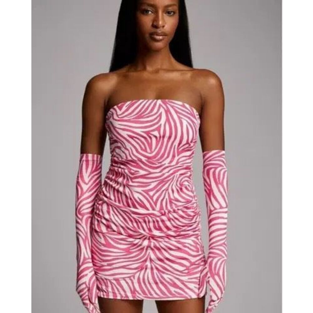 🐿️ NWOT Miscreants Pink & White Zebra Cupid Mini Dress With Gloves Sz US 6